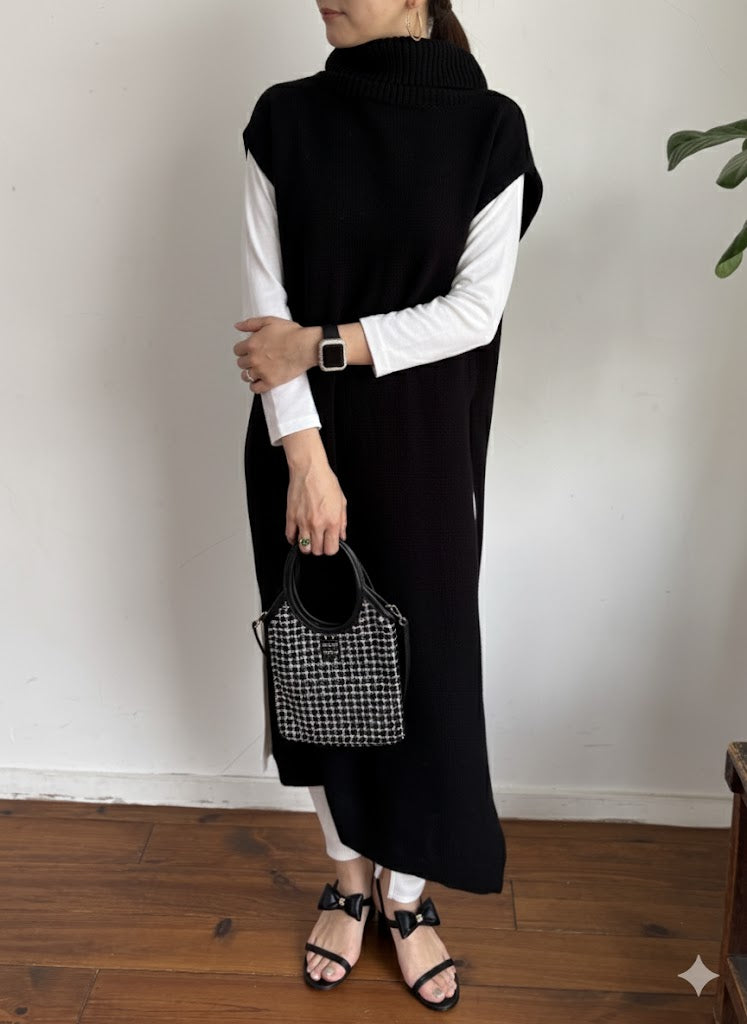 【大胆タートルネック大胆スリット】ノースリーブ ロングニットチュニック / サイドスリット レイヤード