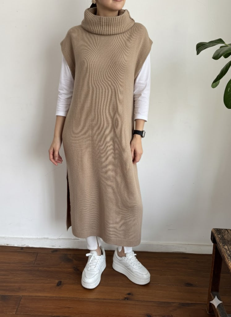 【大胆タートルネック大胆スリット】ノースリーブ ロングニットチュニック / サイドスリット レイヤード