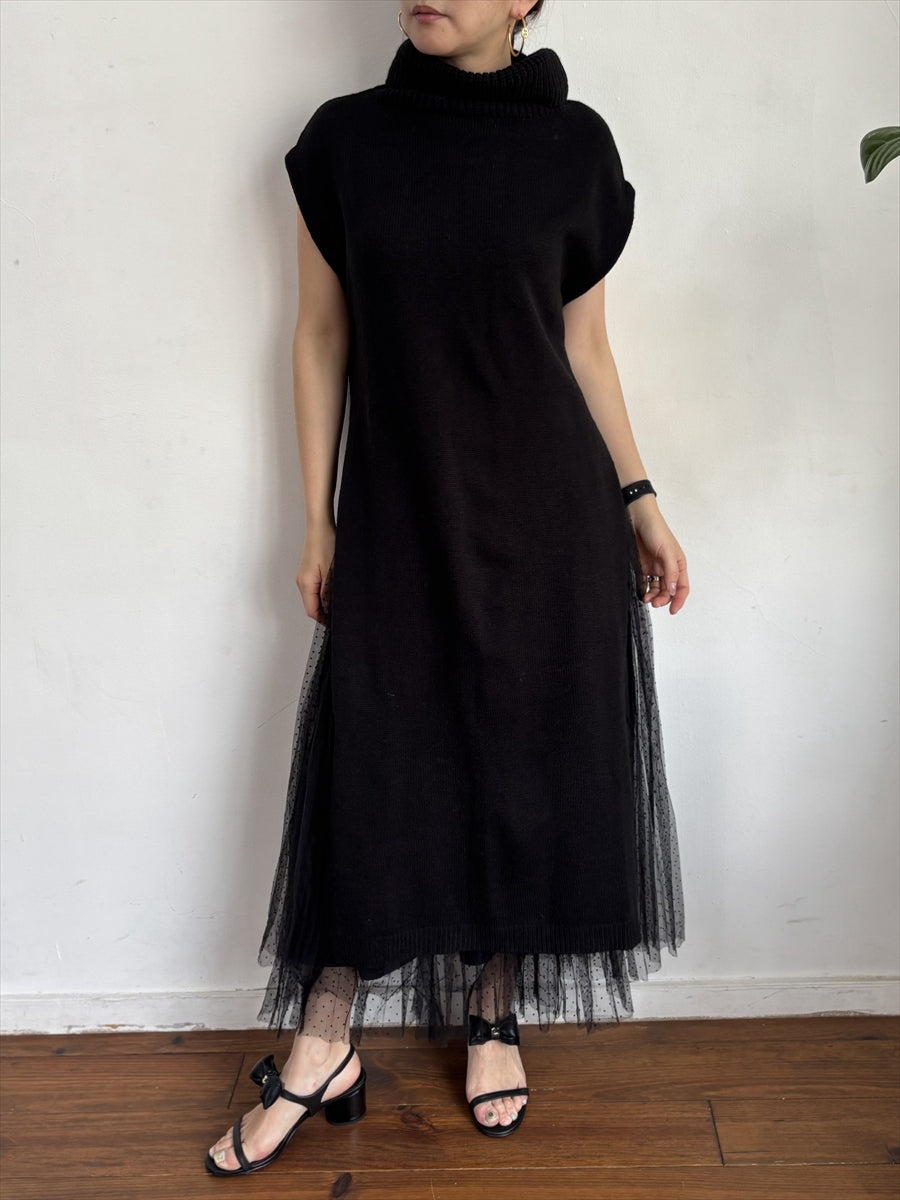 【大胆タートルネック大胆スリット】ノースリーブ ロングニットチュニック / サイドスリット レイヤード
