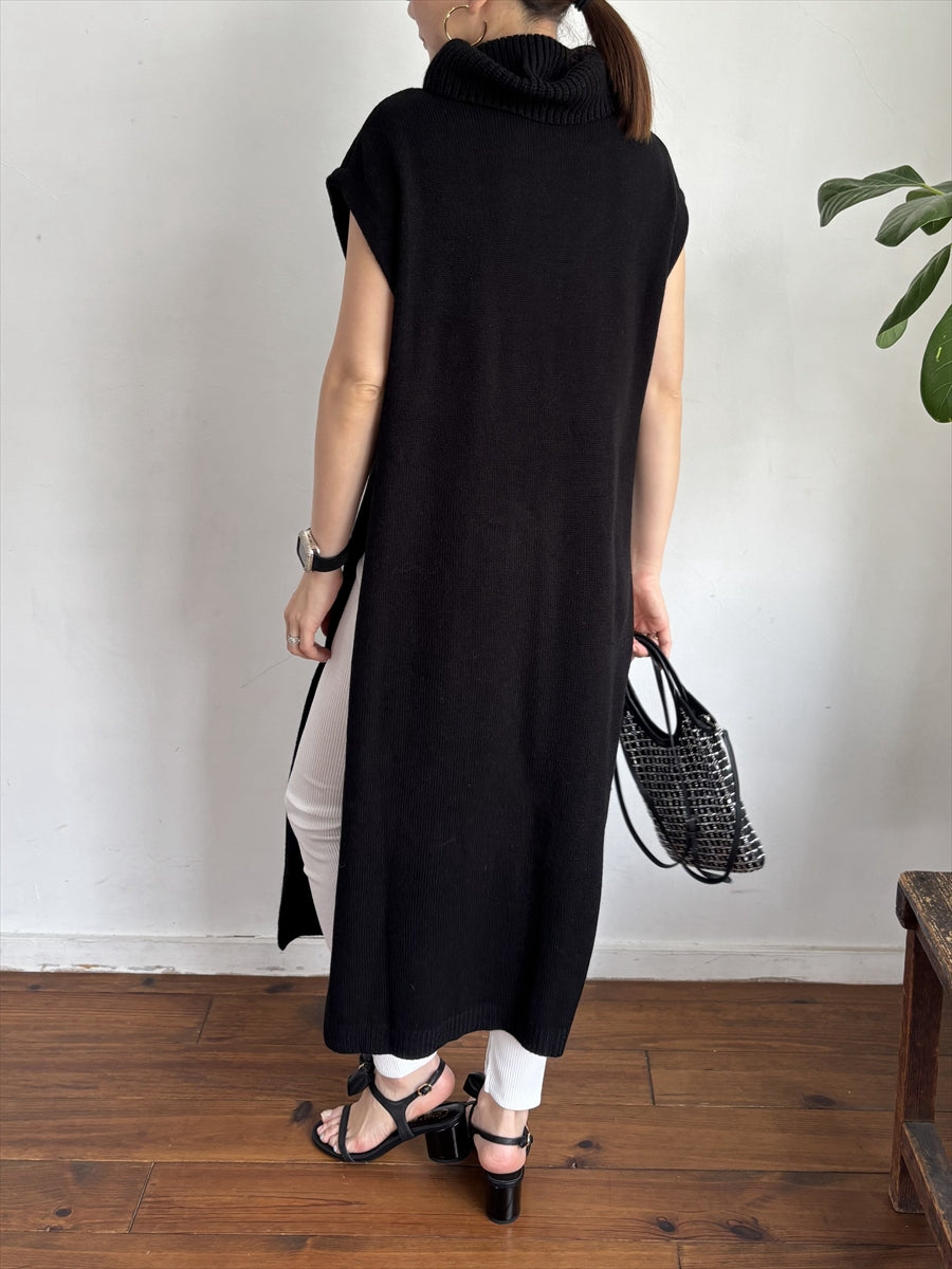 【大胆タートルネック大胆スリット】ノースリーブ ロングニットチュニック / サイドスリット レイヤード