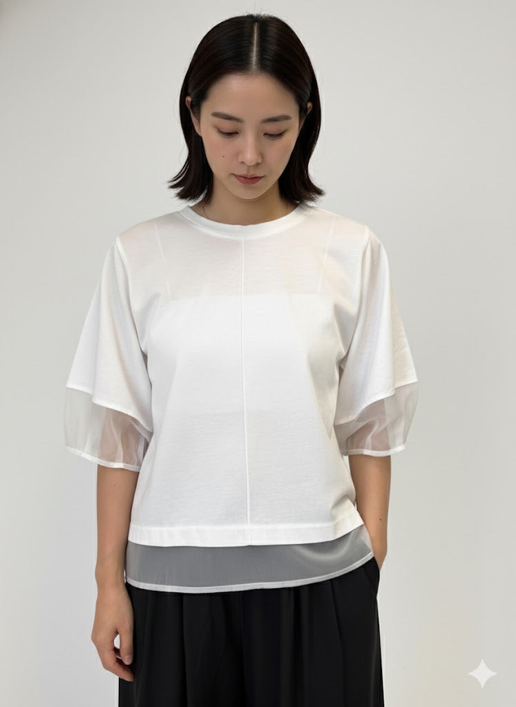 ドライタッチコットン シアーランタンスリーブTシャツ ｜ オフホワイト
