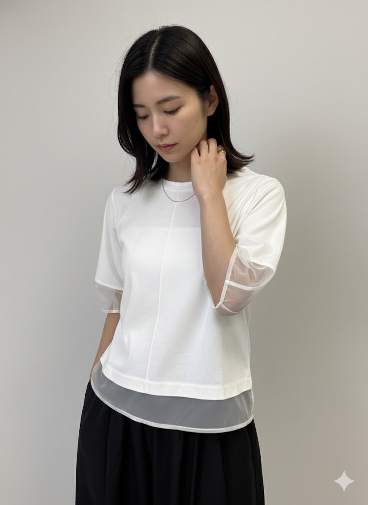 ドライタッチコットン シアーランタンスリーブTシャツ ｜ オフホワイト