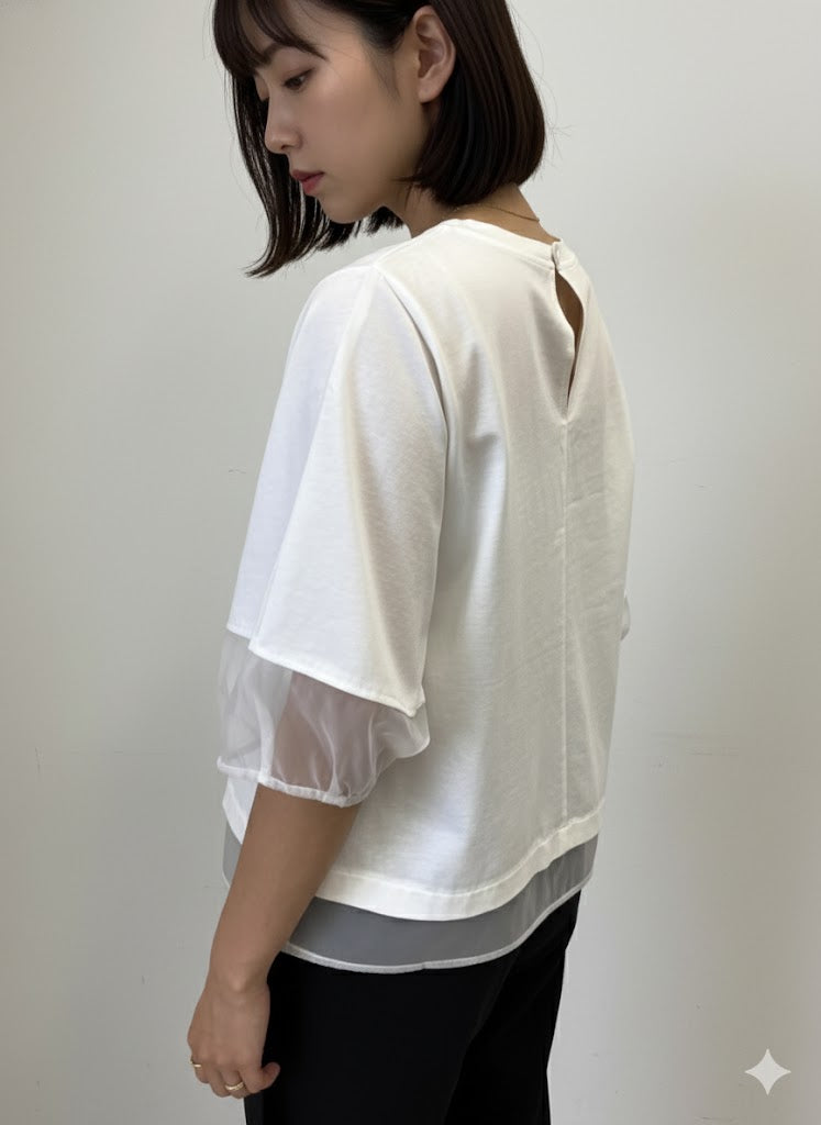 ドライタッチコットン シアーランタンスリーブTシャツ ｜ オフホワイト