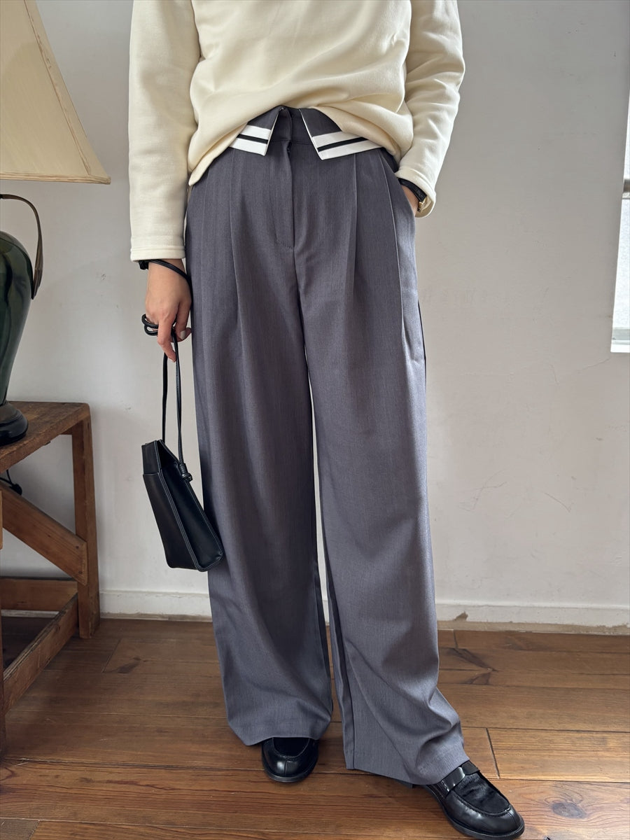 【美脚タックパンツ】ウエストラインワイドスラックス タックパンツ / ウエストデザインスラックス / グレージュ・グレー