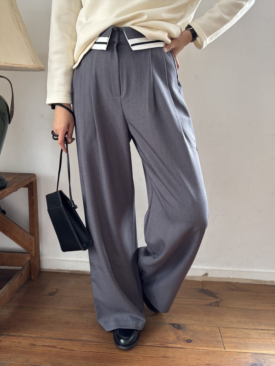 【美脚タックパンツ】ウエストラインワイドスラックス タックパンツ / ウエストデザインスラックス / グレージュ・グレー