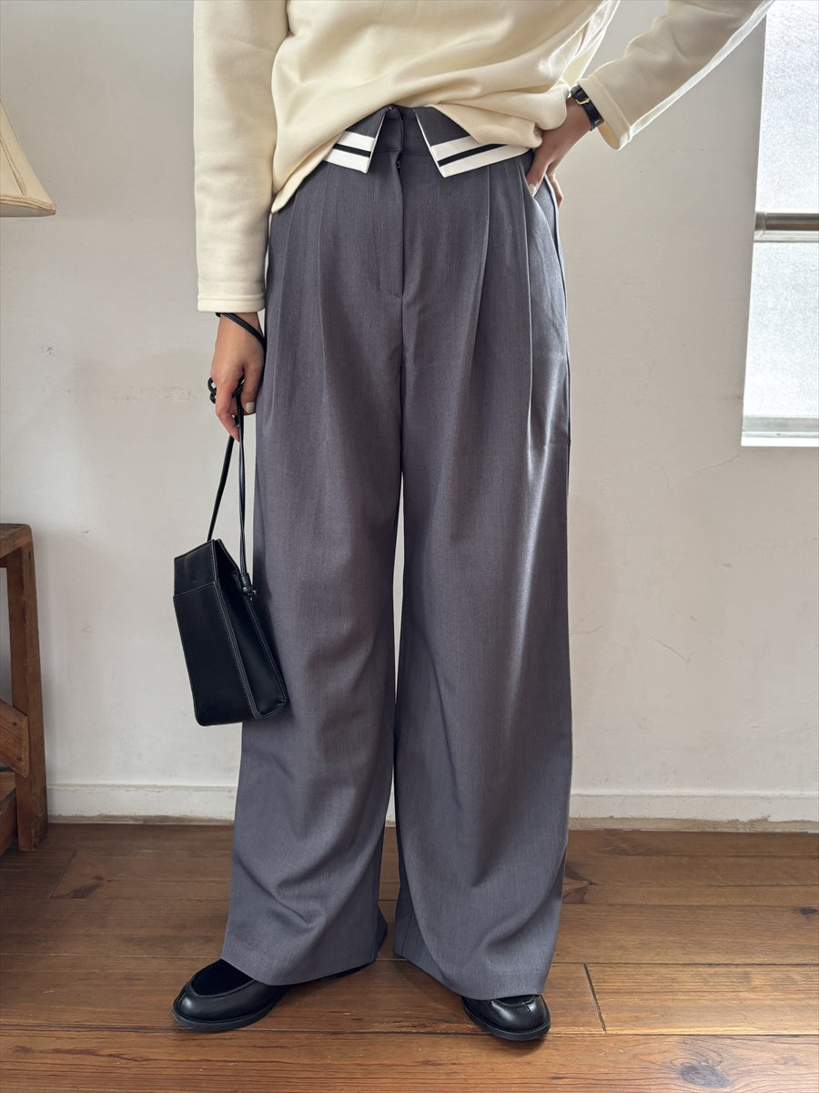 【美脚タックパンツ】ウエストラインワイドスラックス タックパンツ / ウエストデザインスラックス / グレージュ・グレー