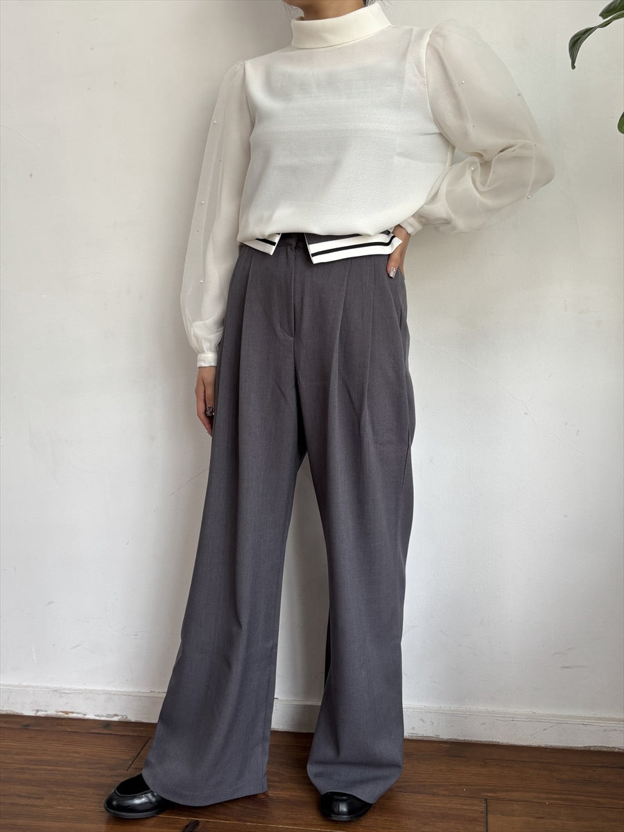 【美脚タックパンツ】ウエストラインワイドスラックス タックパンツ / ウエストデザインスラックス / グレージュ・グレー