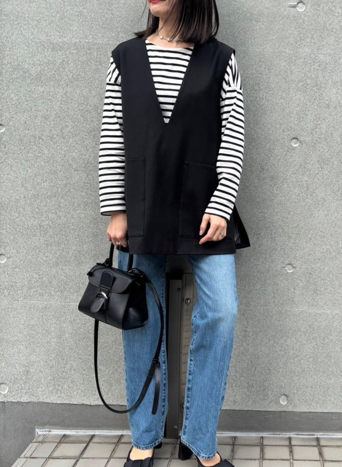 【深Vネック】レイヤード ベスト チュニック丈 / アウトポケット ノースリーブ / ストライプ裏地