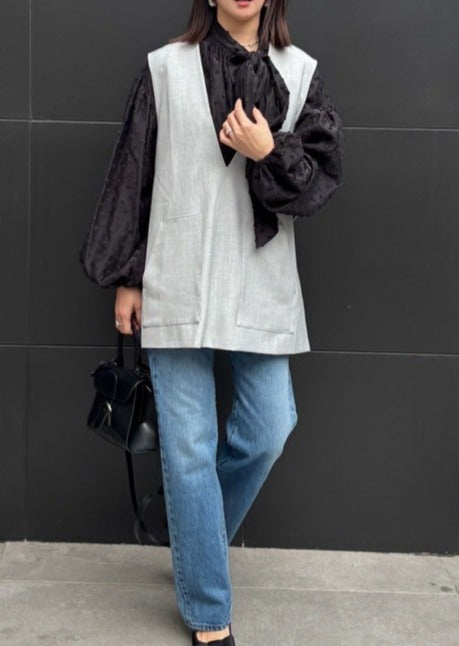 【深Vネック】レイヤード ベスト チュニック丈 / アウトポケット ノースリーブ / ストライプ裏地