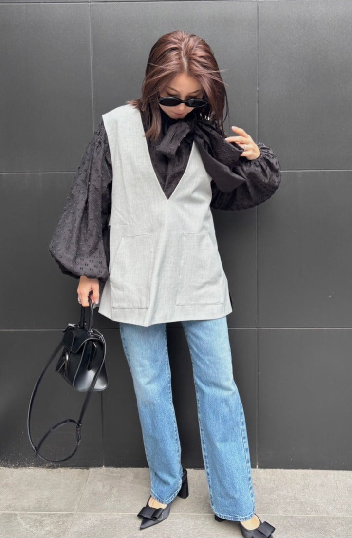 【深Vネック】レイヤード ベスト チュニック丈 / アウトポケット ノースリーブ / ストライプ裏地