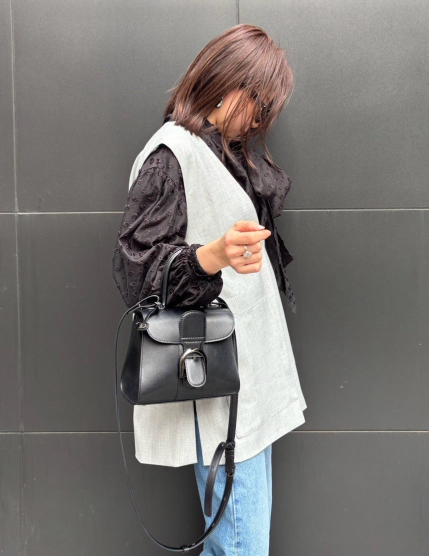 【深Vネック】レイヤード ベスト チュニック丈 / アウトポケット ノースリーブ / ストライプ裏地