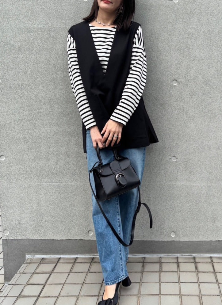 【深Vネック】レイヤード ベスト チュニック丈 / アウトポケット ノースリーブ / ストライプ裏地