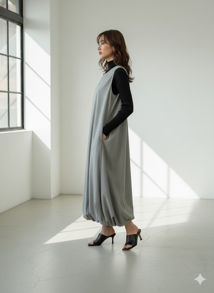 【大人の抜け感バルーンドレス】マキシ丈のバルーンワンピース