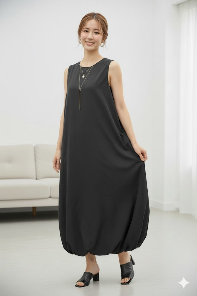 【大人の抜け感バルーンドレス】マキシ丈のバルーンワンピース