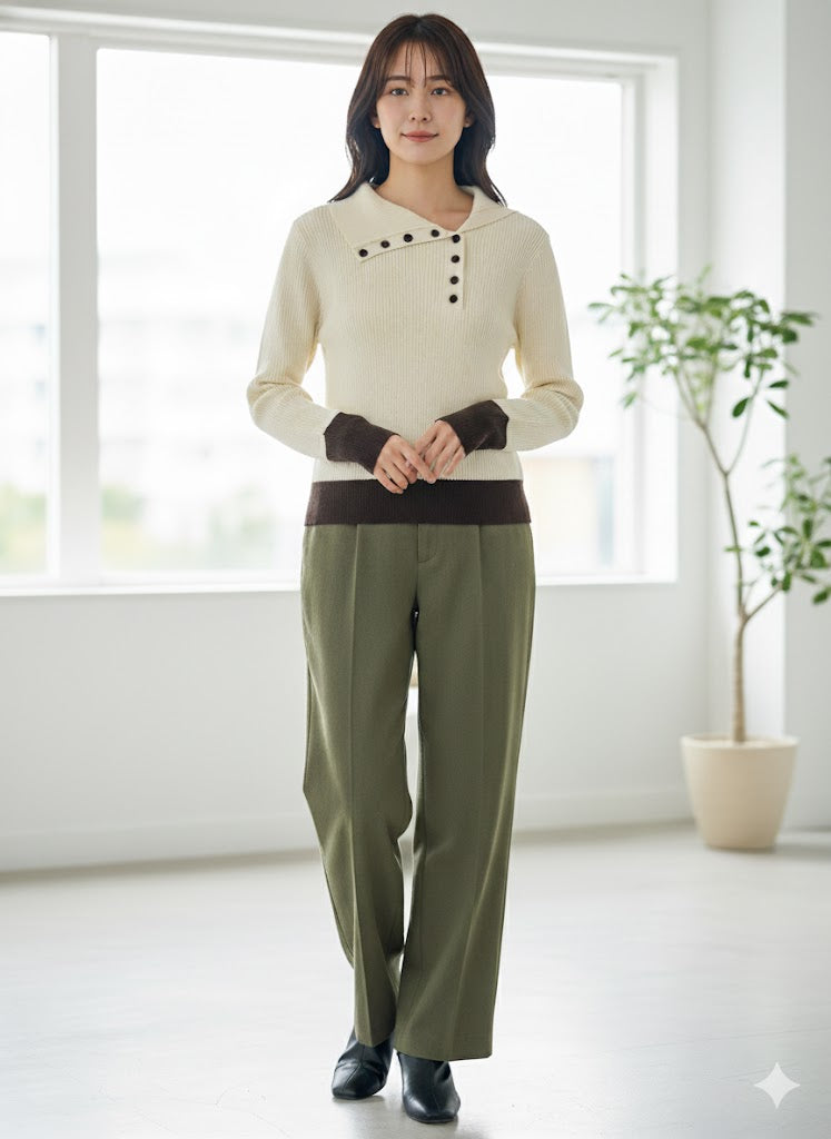 【洗練カラーコンビネーション】抜け感と洗練を両立！選べる6色 バイカラーポロニットプルオーバー