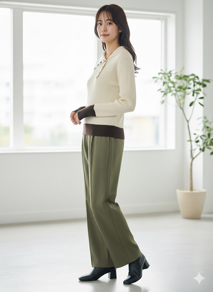 【洗練カラーコンビネーション】抜け感と洗練を両立！選べる6色 バイカラーポロニットプルオーバー