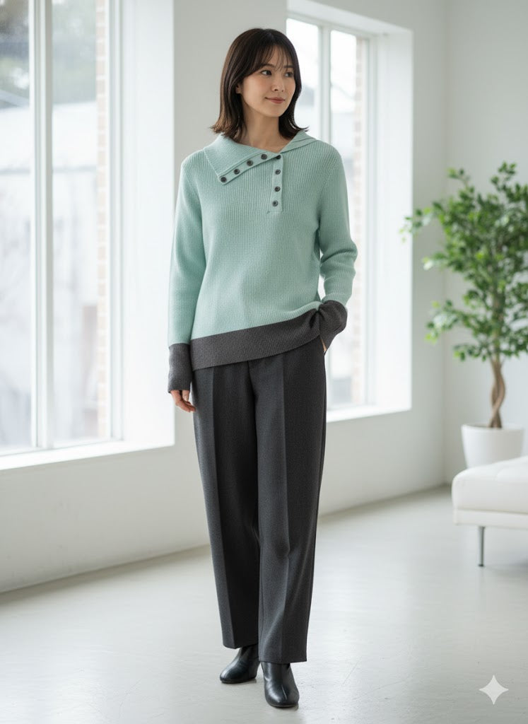 【洗練カラーコンビネーション】抜け感と洗練を両立！選べる6色 バイカラーポロニットプルオーバー