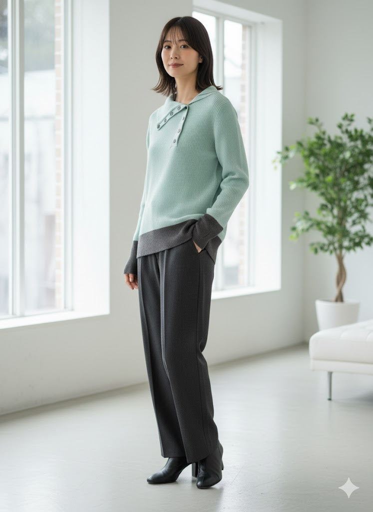 【洗練カラーコンビネーション】抜け感と洗練を両立！選べる6色 バイカラーポロニットプルオーバー