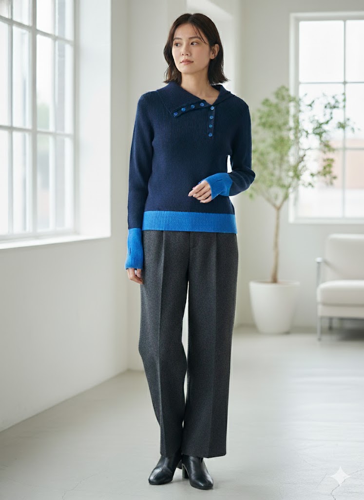 【洗練カラーコンビネーション】抜け感と洗練を両立！選べる6色 バイカラーポロニットプルオーバー