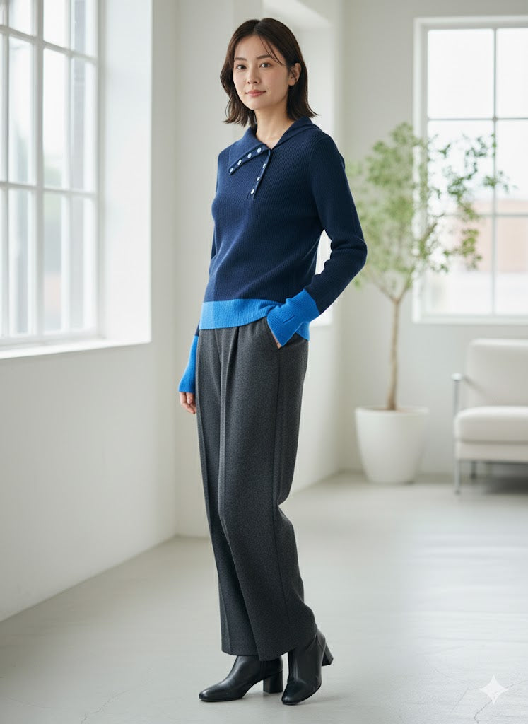 【洗練カラーコンビネーション】抜け感と洗練を両立！選べる6色 バイカラーポロニットプルオーバー