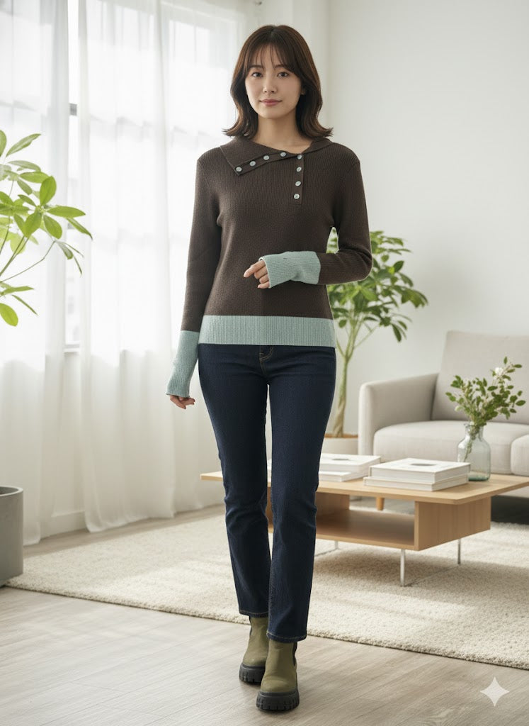 【洗練カラーコンビネーション】抜け感と洗練を両立！選べる6色 バイカラーポロニットプルオーバー