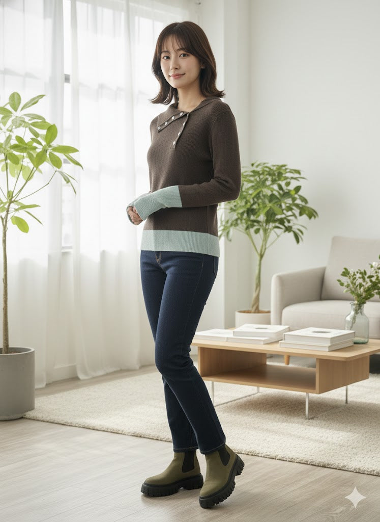 【洗練カラーコンビネーション】抜け感と洗練を両立！選べる6色 バイカラーポロニットプルオーバー