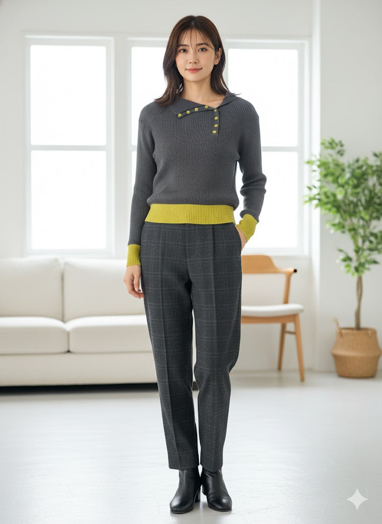 【洗練カラーコンビネーション】抜け感と洗練を両立！選べる6色 バイカラーポロニットプルオーバー