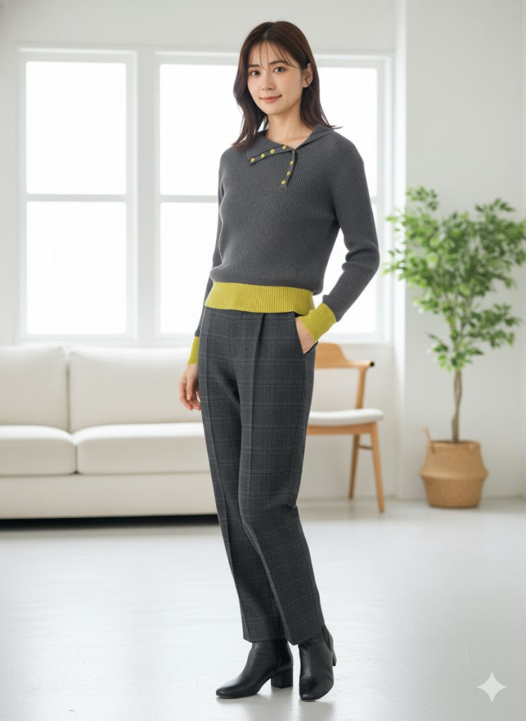 【洗練カラーコンビネーション】抜け感と洗練を両立！選べる6色 バイカラーポロニットプルオーバー