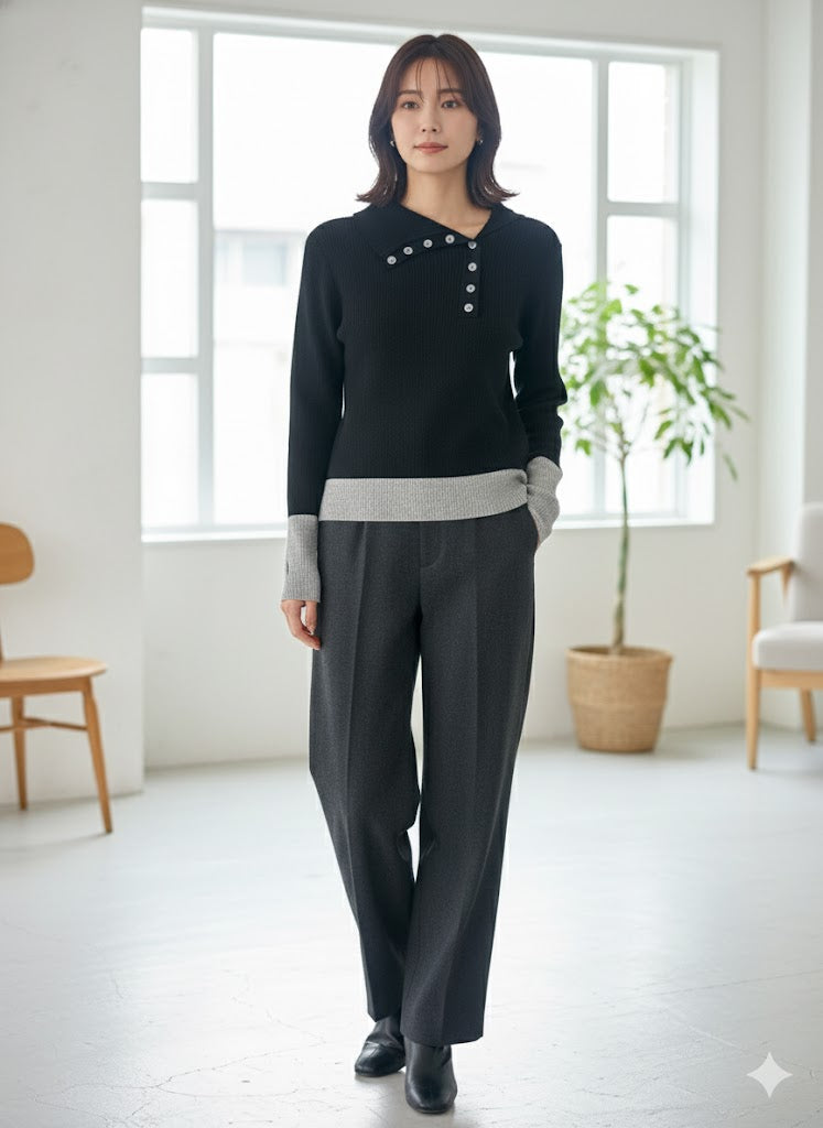 【洗練カラーコンビネーション】抜け感と洗練を両立！選べる6色 バイカラーポロニットプルオーバー