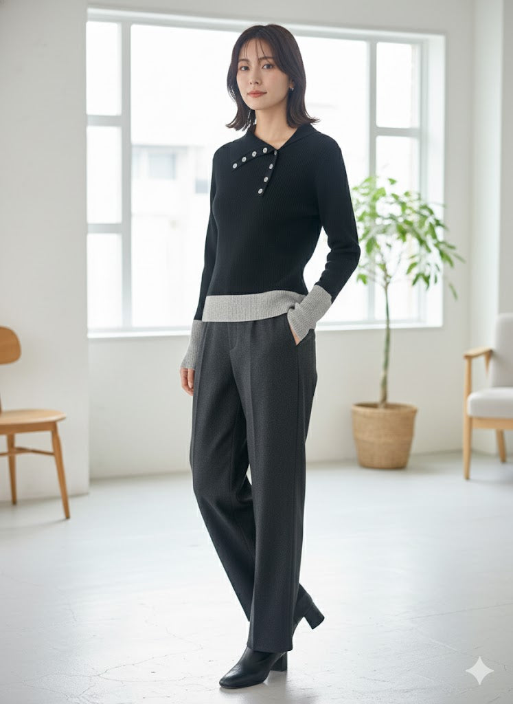 【洗練カラーコンビネーション】抜け感と洗練を両立！選べる6色 バイカラーポロニットプルオーバー