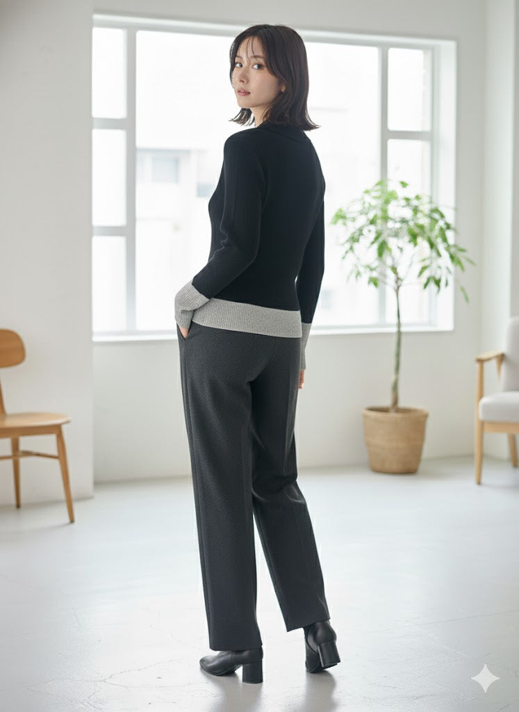 【洗練カラーコンビネーション】抜け感と洗練を両立！選べる6色 バイカラーポロニットプルオーバー