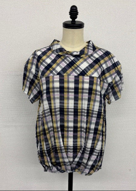 サッカーチェック タックブラウス｜涼感・体型カバー・半袖・大人カジュアル