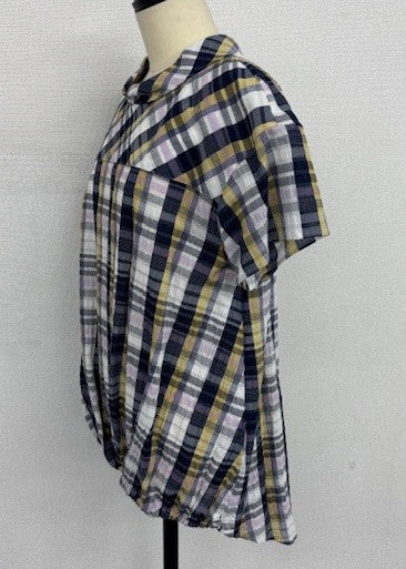 サッカーチェック タックブラウス｜涼感・体型カバー・半袖・大人カジュアル