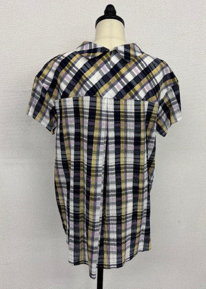 サッカーチェック タックブラウス｜涼感・体型カバー・半袖・大人カジュアル