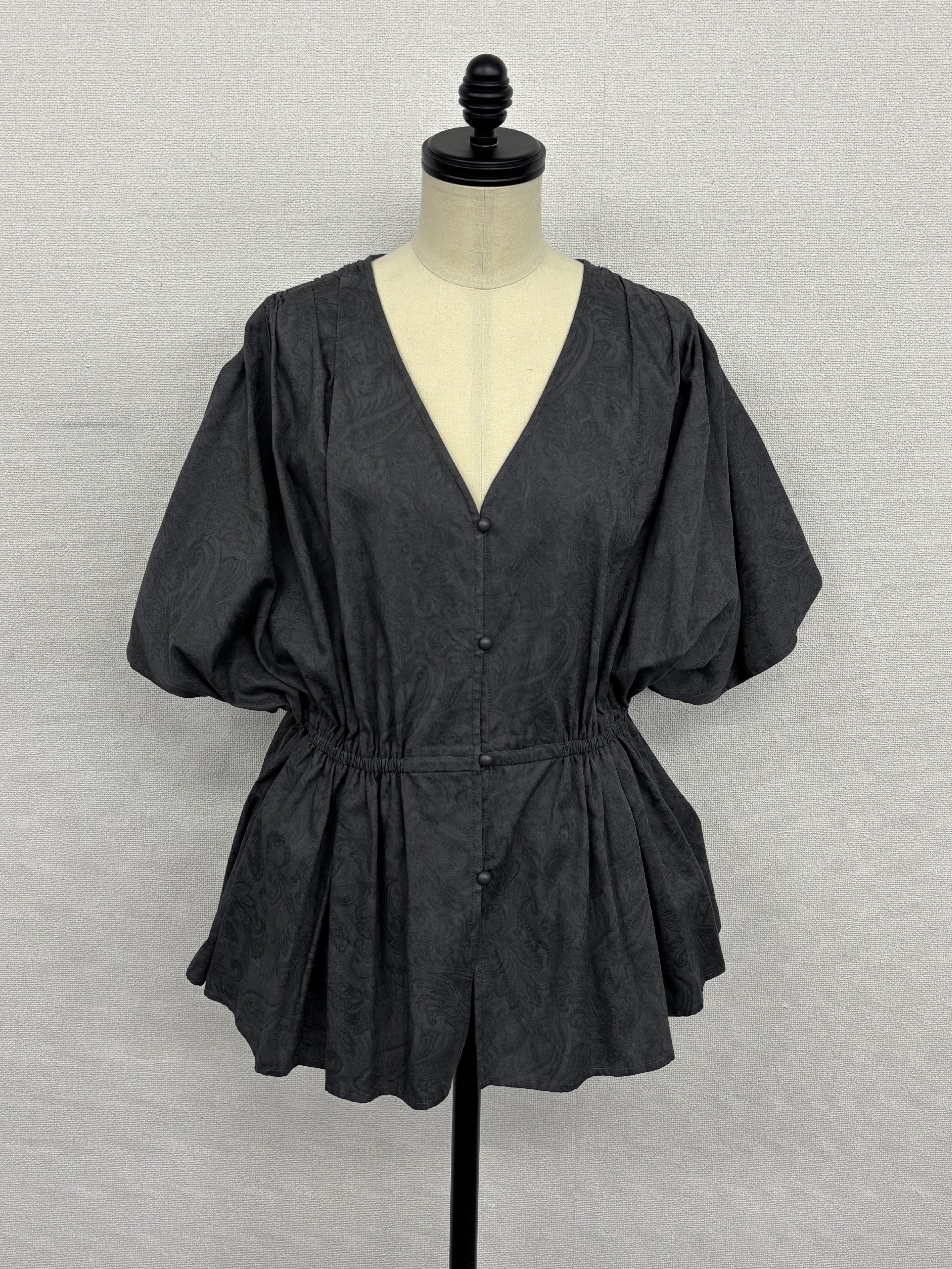 【着痩せ/上品】Vネック ジャガード ペプラム ブラウス ウエストシャーリング 紺　チャコール ｜ 紺　チャコール　チュニック 5分袖 オフィスカジュアル ママ行事 きれいめ
