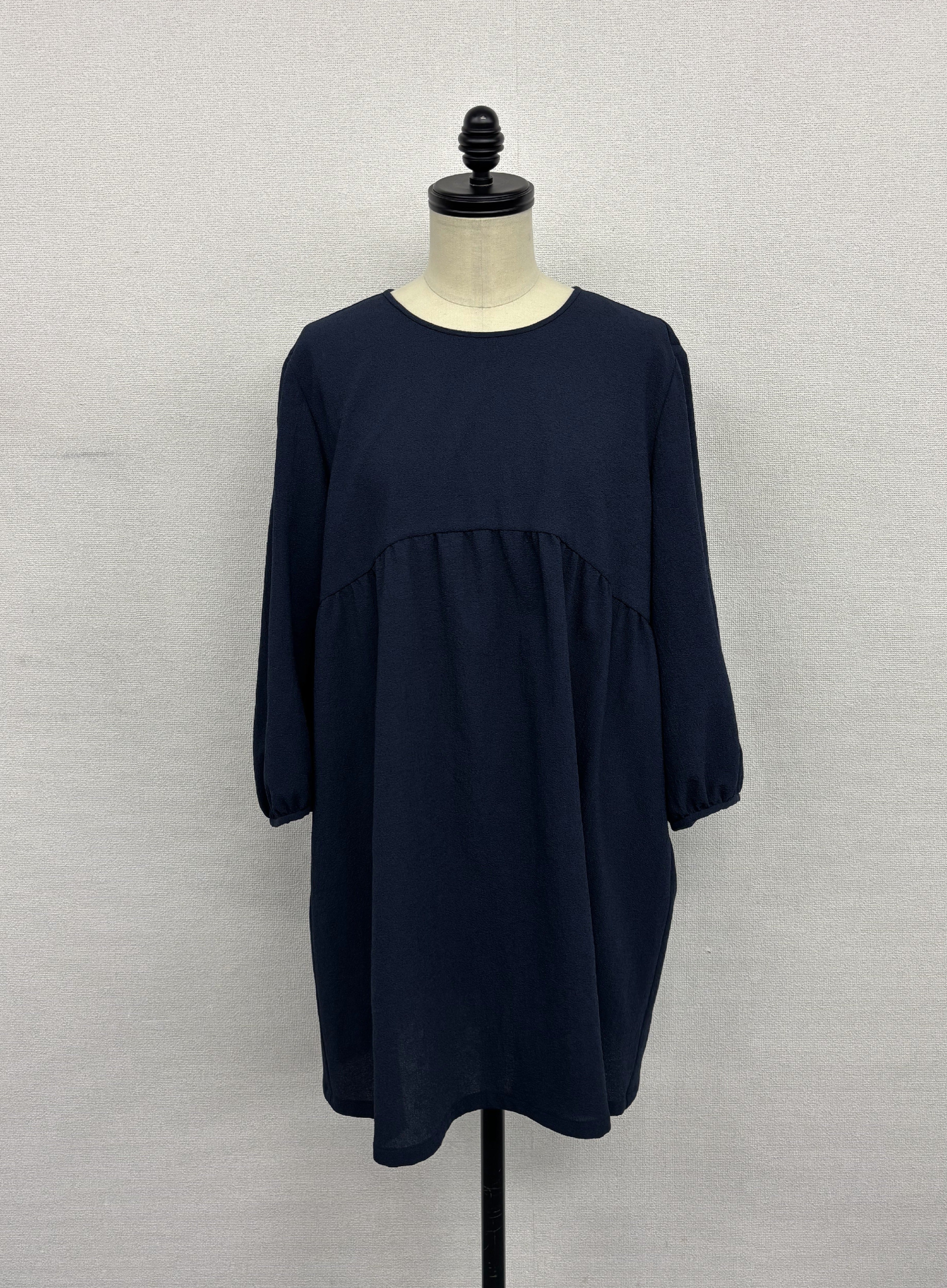 【極美/上品】ネイビー ハイウエスト ギャザー 切替 チュニック 七分袖 ｜ オフィス 通勤 お呼ばれ 体型カバー セレモニー 大人可愛い