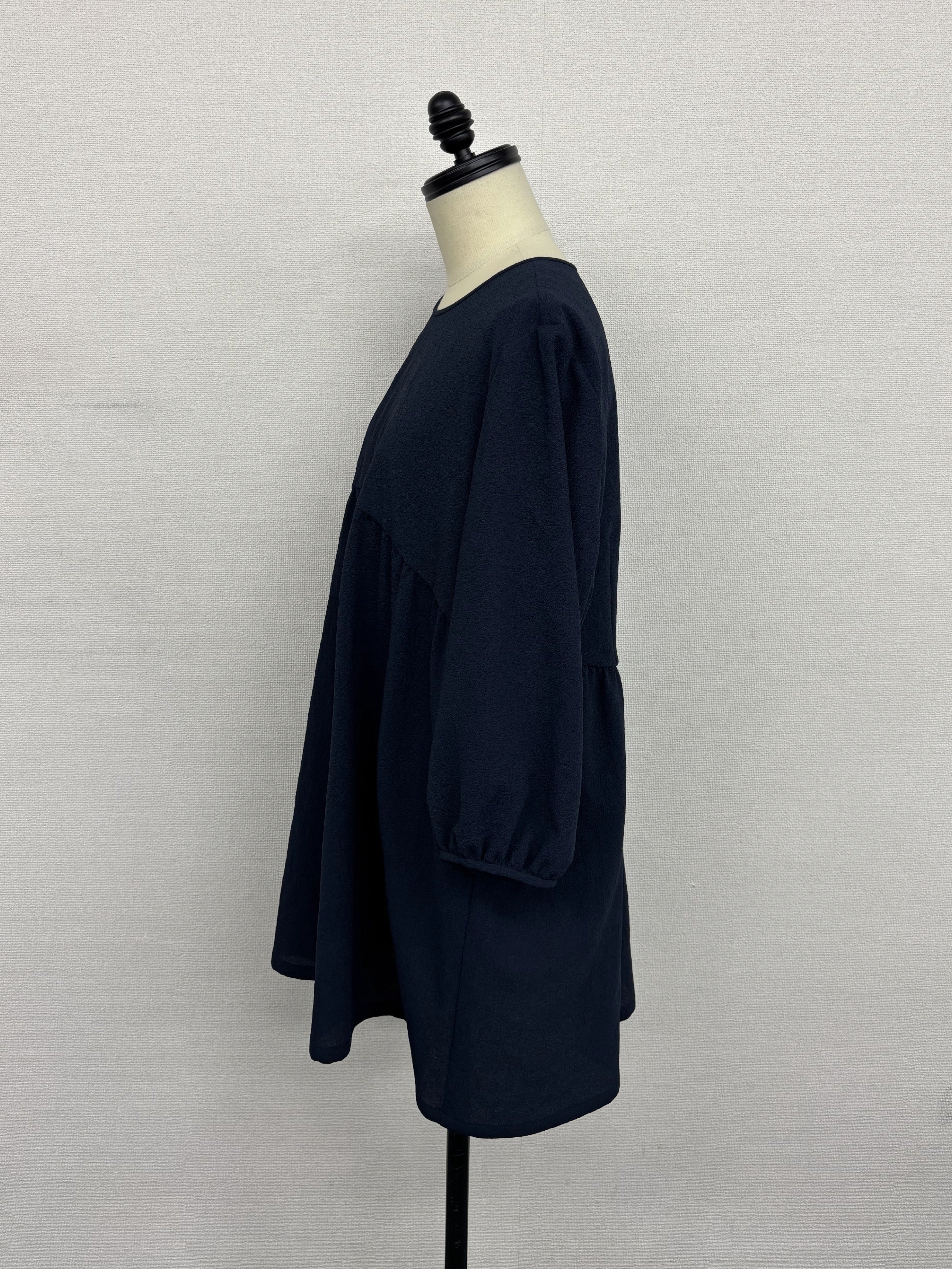 【極美/上品】ネイビー ハイウエスト ギャザー 切替 チュニック 七分袖 ｜ オフィス 通勤 お呼ばれ 体型カバー セレモニー 大人可愛い