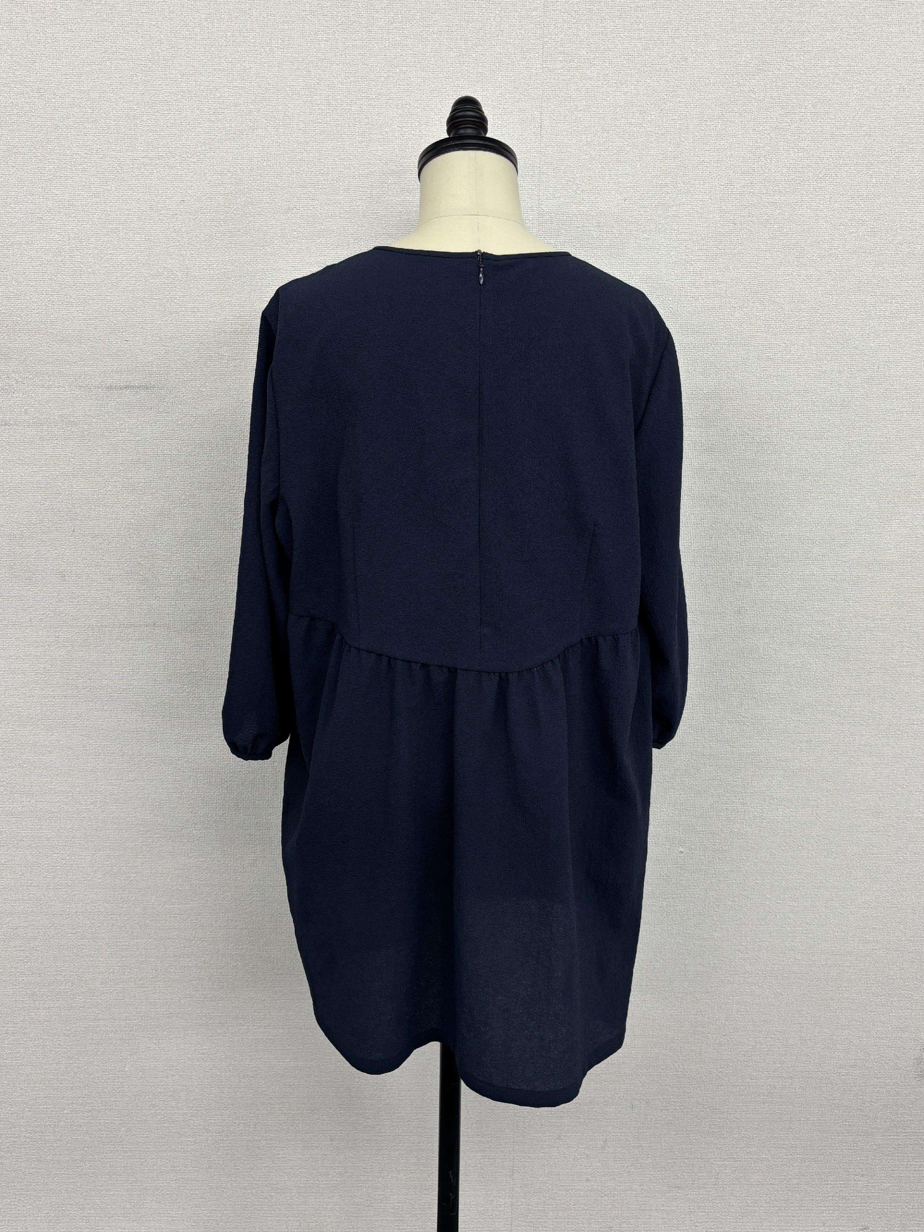 【極美/上品】ネイビー ハイウエスト ギャザー 切替 チュニック 七分袖 ｜ オフィス 通勤 お呼ばれ 体型カバー セレモニー 大人可愛い