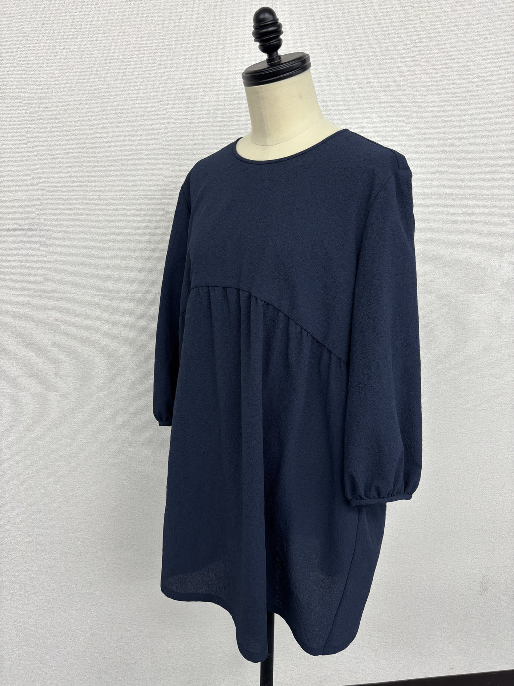 【極美/上品】ネイビー ハイウエスト ギャザー 切替 チュニック 七分袖 ｜ オフィス 通勤 お呼ばれ 体型カバー セレモニー 大人可愛い