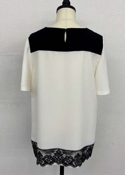 バイカラー ロングブラウス｜チュニック丈 きれいめカジュアル 切り替えレース使い ロングブラウス