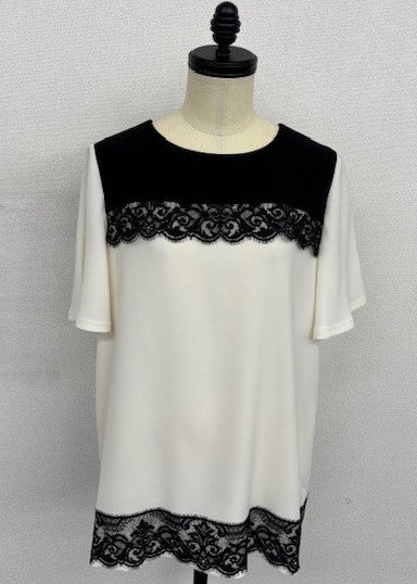 バイカラー ロングブラウス｜チュニック丈 きれいめカジュアル 切り替えレース使い ロングブラウス