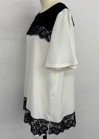 バイカラー ロングブラウス｜チュニック丈 きれいめカジュアル 切り替えレース使い ロングブラウス