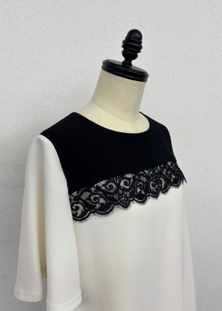 バイカラー ロングブラウス｜チュニック丈 きれいめカジュアル 切り替えレース使い ロングブラウス