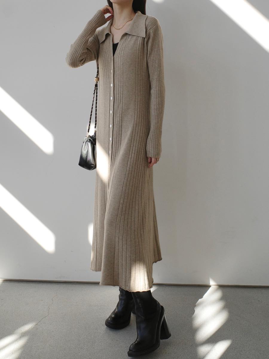 ボタンラインポロネックニットドレス / ベージュ