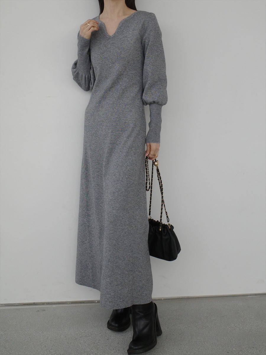 ハートネックパフスリーブドレス/グレー